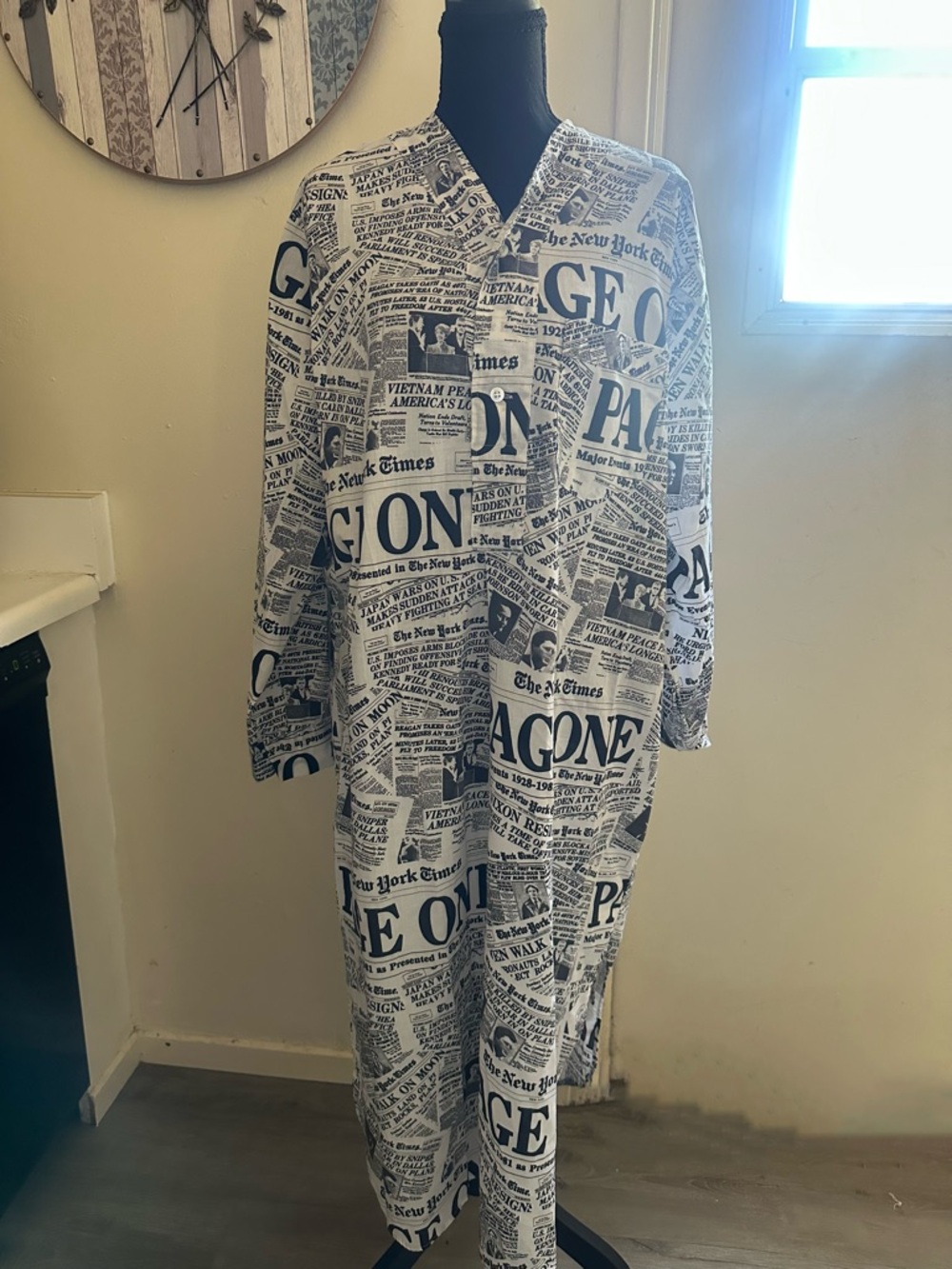 Vintage Newspaper-Print Dress- White/Black
